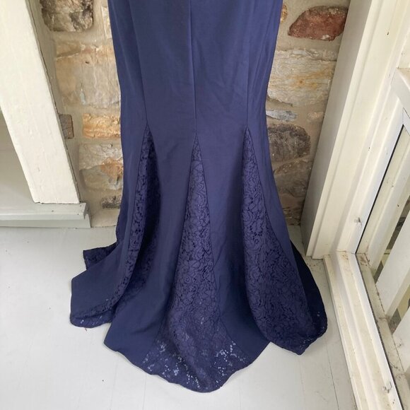 Eliza J Navy Blue Laguna Lace Inset Trumpet Crepe Gown Size 10 $208 - Picture 11 of 12